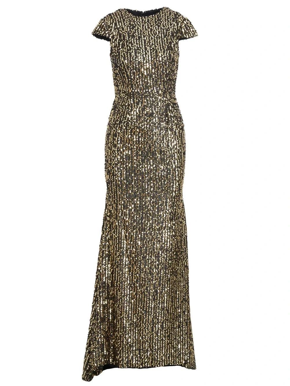 Mac Duggal Black Gold Sequin Cap Sleeve Gown Dress Size 4 - Picture 3 of 14